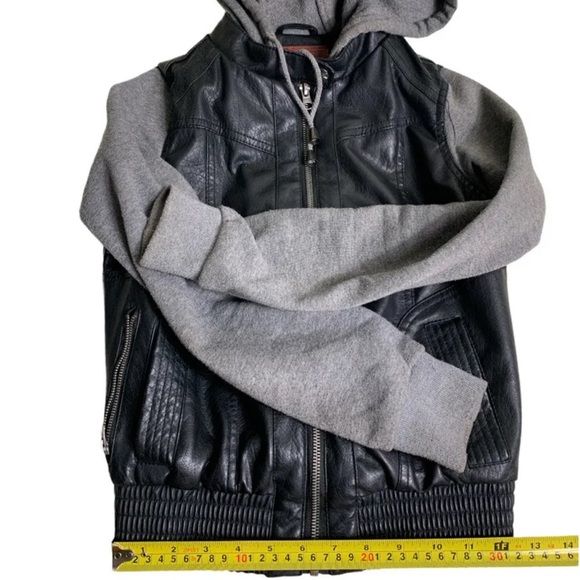 Womens Vegan Faux Leather Jacket Small Miss London Zip Up Hoodie Black/Gray - Picture 12 of 12